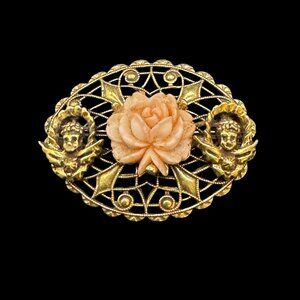 Vintage Oval Gold Tone Brooch Peach Rose Flower Accent